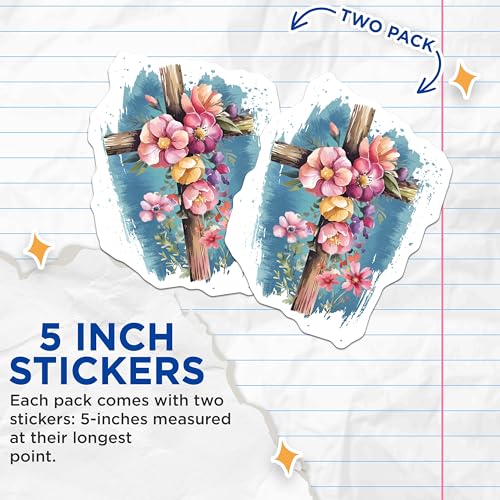 (2 Pack) Floral Cross Stickers - Christian Art Stickers - Floral Religious Stickers - 5" On Longest Side - Sticks to Smooth Flat Surfaces - Made in USA - BMCS9569