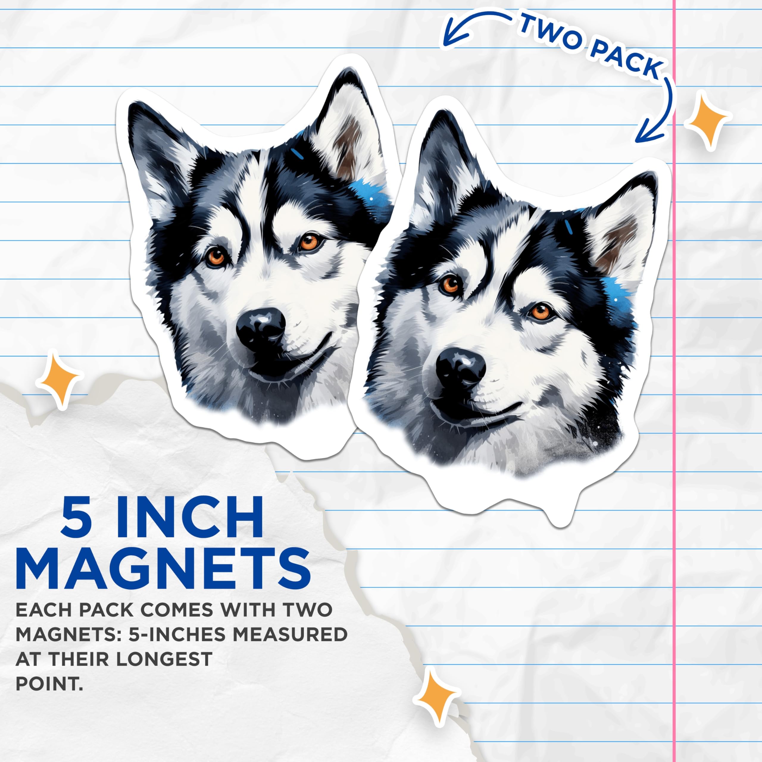 (2 Pack) Siberian Husky Magnets - Alaskan Malamute Dog Art - Pet Lover Refrigerator Decor - 5 Inches On Longest Side - Thick Durable Magnet - Made in USA - MAG28464