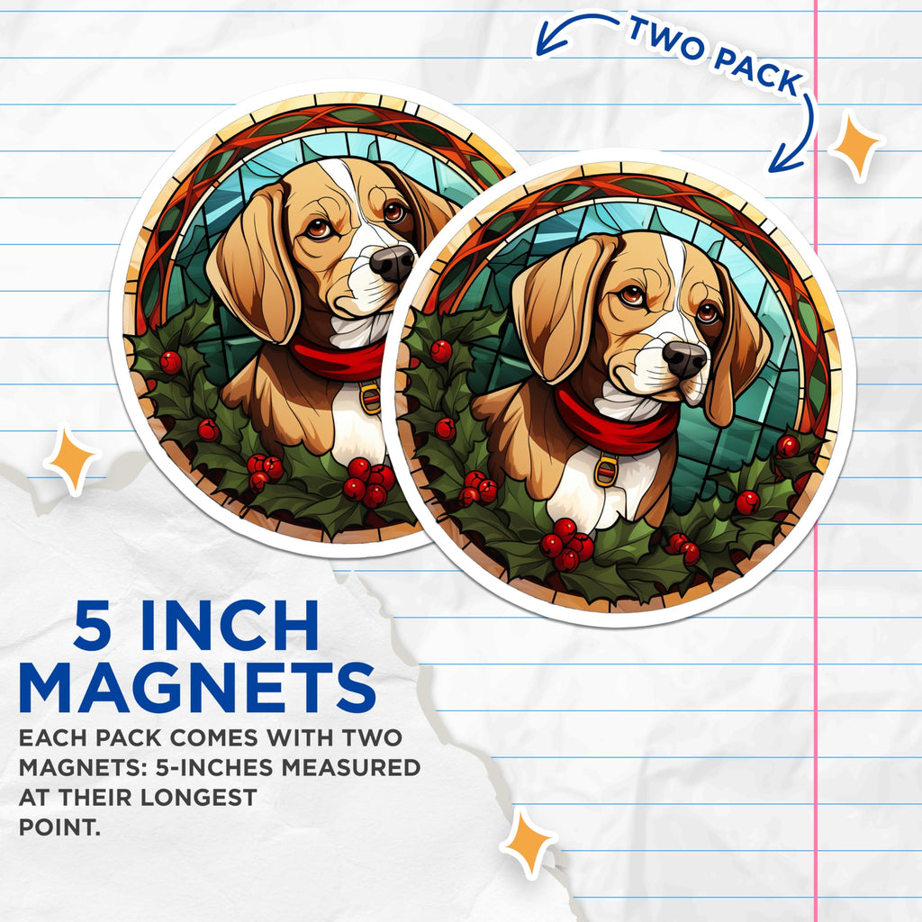 (2 Pack) Beagle Christmas Stained Glass Magnets - Holiday Dog Pet Decor - Dog Lover Winter Art - 5 Inches On Longest Side - Thick Durable Magnet - Made in USA - MAG30414