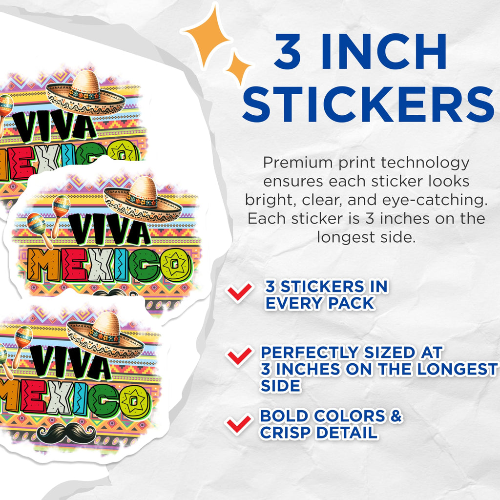 (3 Pack) Viva Mexico Decals - Mexican Pride - Cinco De Mayo Decorations - 3 Inches On Longest Side - Easy Peel & Apply - Made in USA - 3MCS6981