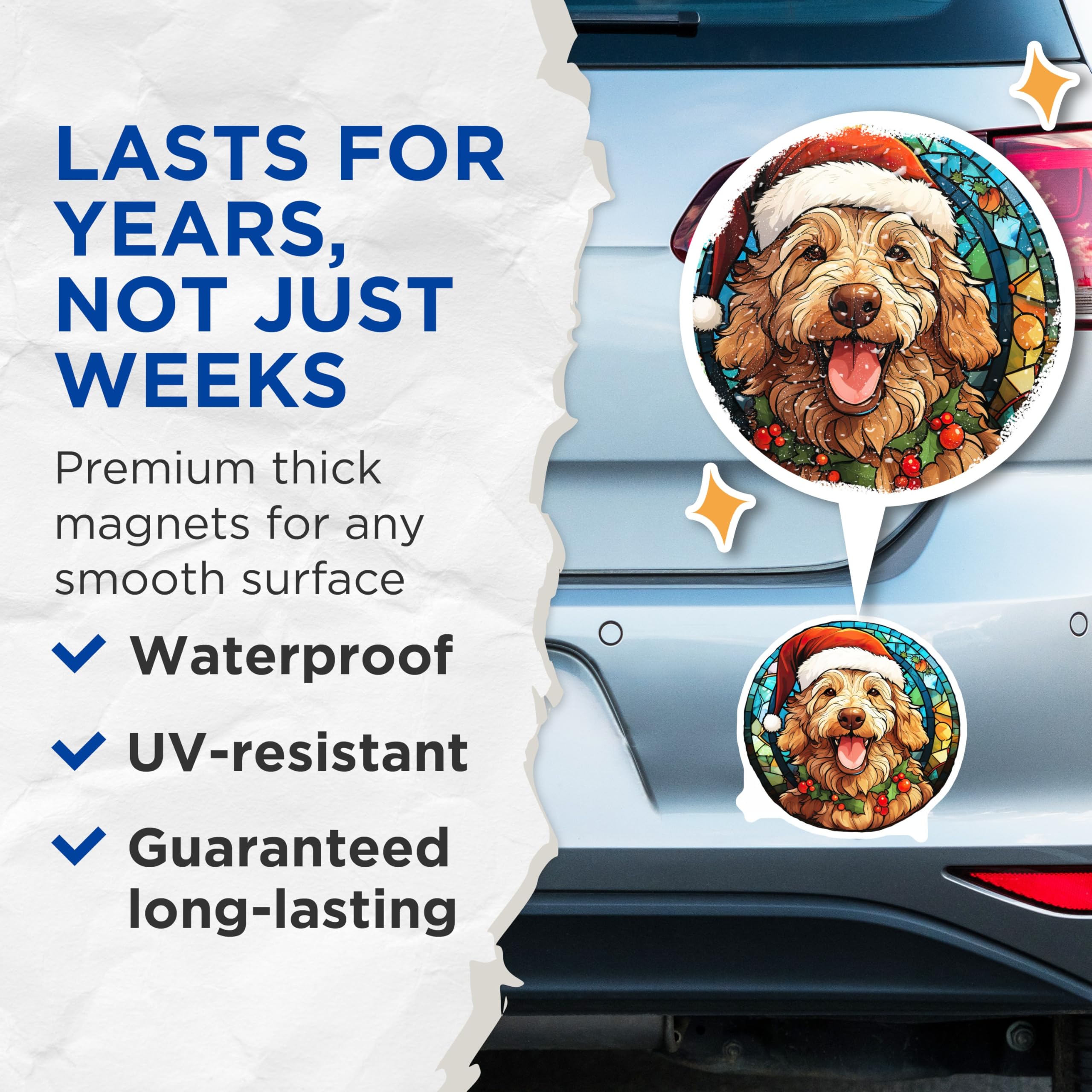 (2 Pack) Goldendoodle Christmas Magnets - Happy Doodle Dog - Stained Glass Pet Art Refrigerator Magnets - 5 Inches On Longest Side - Thick Durable Magnet - Made in USA - MAG29280