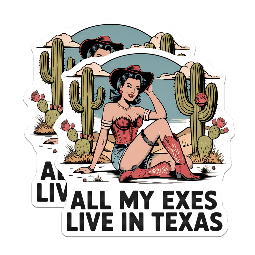 (2 Pack) Pin Up Cowgirl Magnets - All My Exes Live in Texas Song Lyric - Desert Western Country Decor Accents - 5 Inches On Longest Side - Thick Durable Magnet - Made in USA - MAG20741