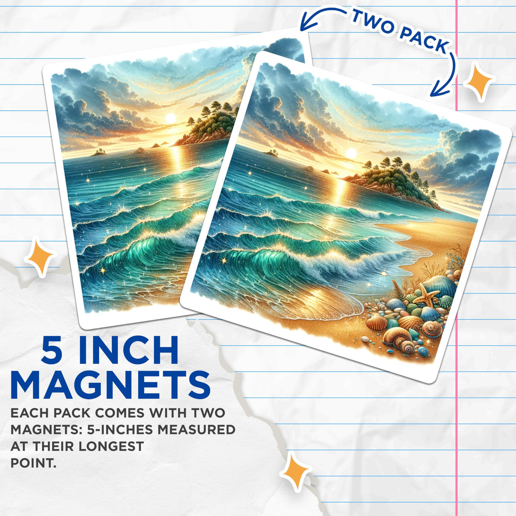 (2 Pack) Beach Sunset Magnets - Ocean Waves Coastal Decor - Tropical Island Home Accent - Seashell Starfish Art - 5 Inches On Longest Side - Thick Durable Magnet - Made in USA - MAG29859