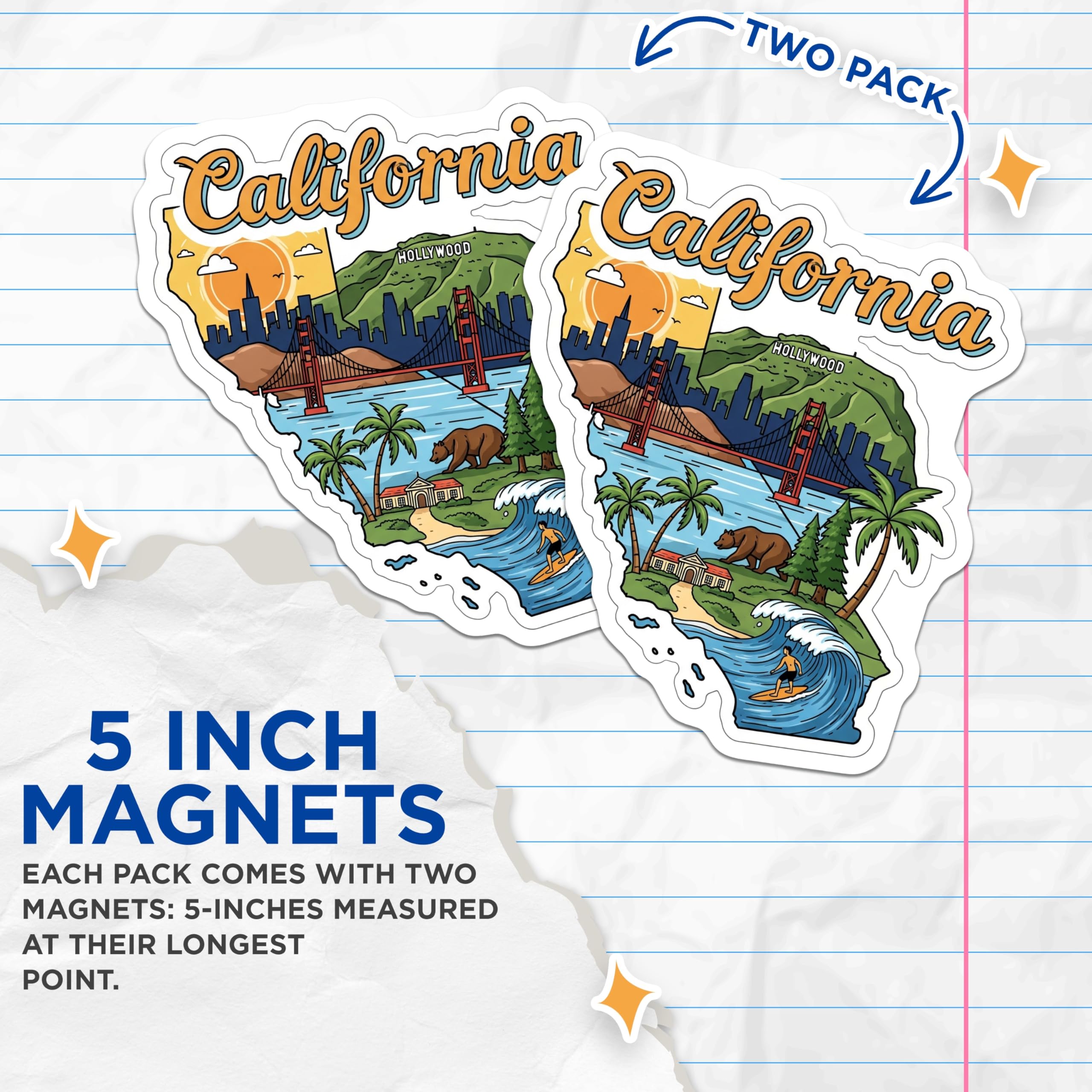 (2 Pack) California Magnets - Travel Souvenir - Golden State Decor - 5" On Longest Side - Premium Magnet - for Cars, Refrigerators, Toolboxes, Lockers - Made in USA - MAG14571