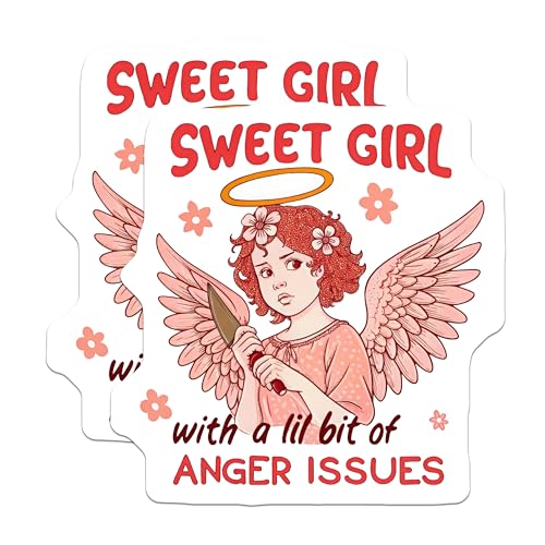 (2 Pack) Sweet Girl with Anger Issues Stickers - Funny Angel Character - Humorous Sticker Art - 5" On Longest Side - Sticks to Smooth Flat Surfaces - Made in USA - BMCS5692