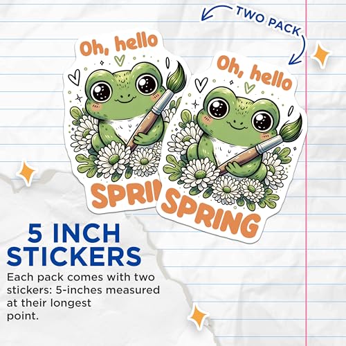 (2 Pack) Hello Spring Frog Stickers - Kawaii Animal Art - Cute Seasonal Artwork - 5" On Longest Side - Sticks to Smooth Flat Surfaces - Made in USA - BMCS8011