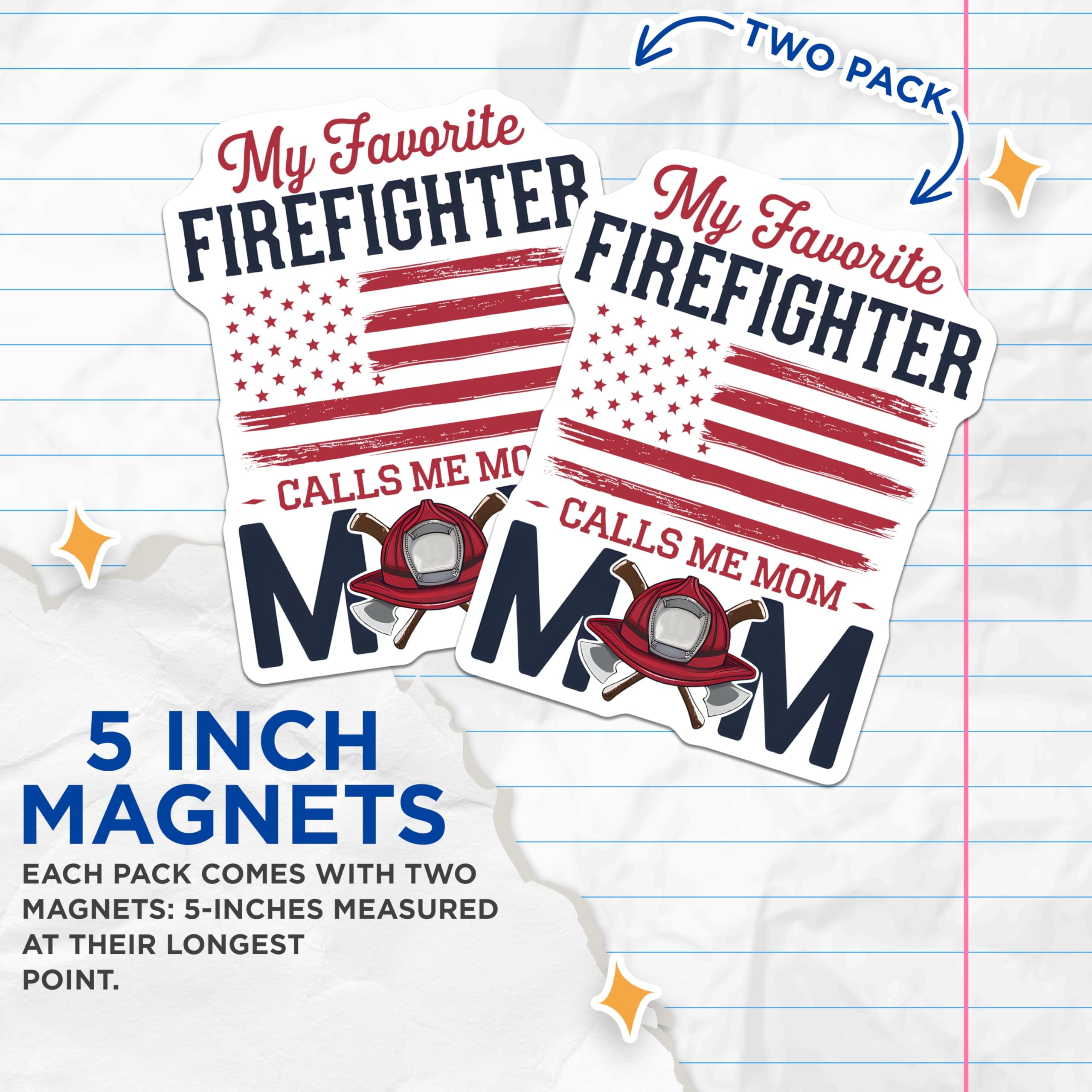 (2 Pack) Firefighter Mom Magnets - Proud Firefighter Family - American Flag Decor - 5" On Longest Side - Premium Magnet - for Cars, Refrigerators, Toolboxes, Lockers - Made in USA - MAG18575