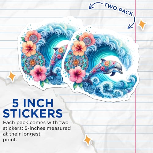 (2 Pack) Artistic Dolphin Stickers - Ocean Wave Mandala - Marine Life Illustration - 5" On Longest Side - Sticks to Smooth Flat Surfaces - Made in USA - BMCS9487