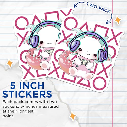 (2 Pack) Gaming Axolotl Stickers - Cute Gamer - Fun Kawaii for Laptops and Water Bottles - 5" On Longest Side - Sticks to Smooth Flat Surfaces - Made in USA - BMCS7792