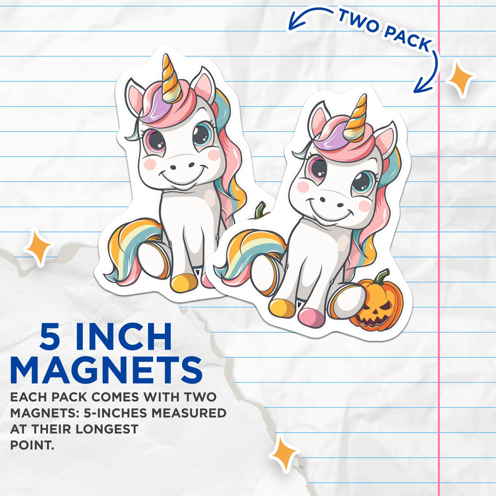(2 Pack) Cute Unicorn Halloween Magnets - Jack o Lantern Art - Fantasy Animal Fridge Charm - 5 Inches On Longest Side - Thick Durable Magnet - Made in USA - MAG36024