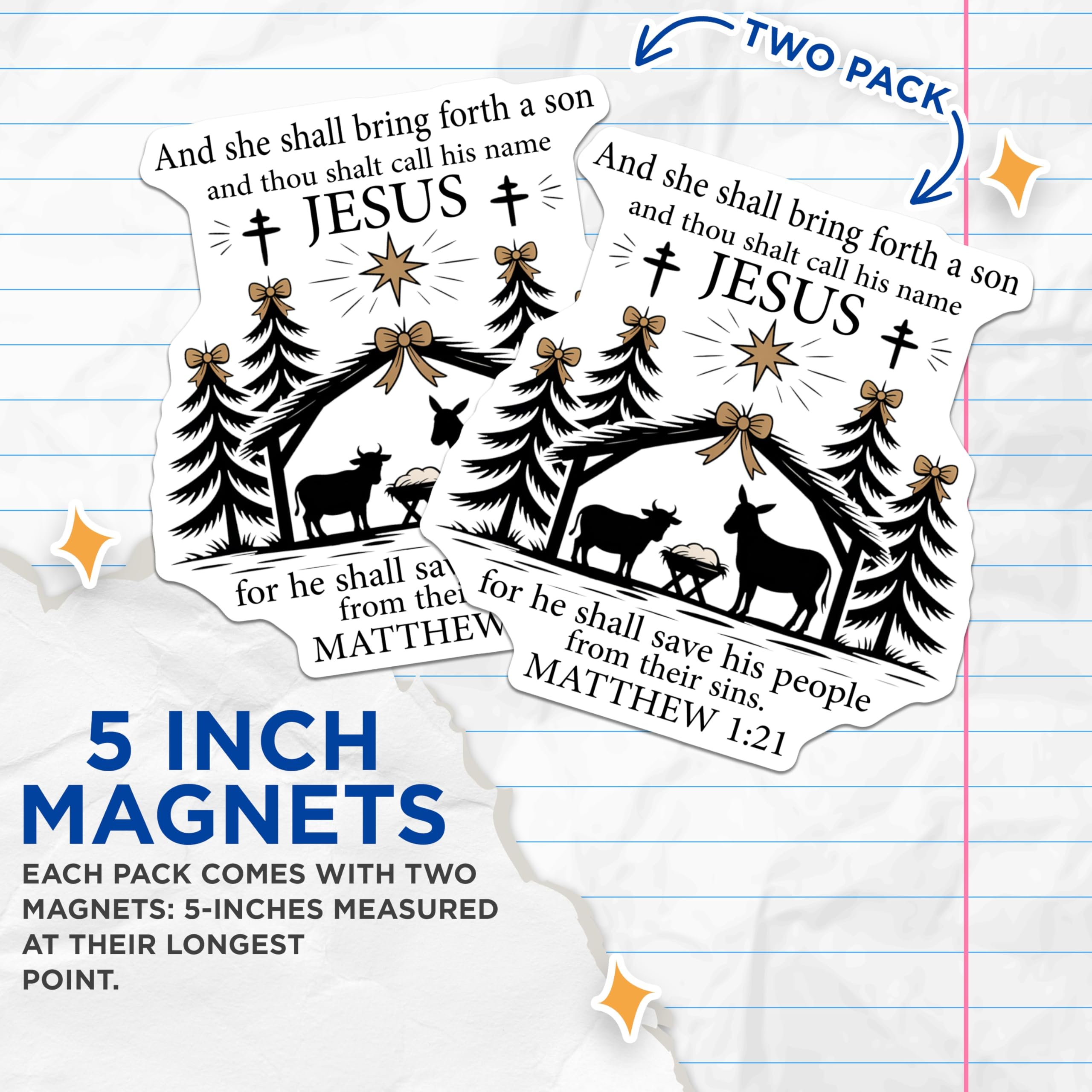 (2 Pack) Nativity Scene Magnets - Matthew 1:21 Bible Verse - Christian Christmas Decor for Home - 5 Inches On Longest Side - Thick Durable Magnet - Made in USA - MAG29311