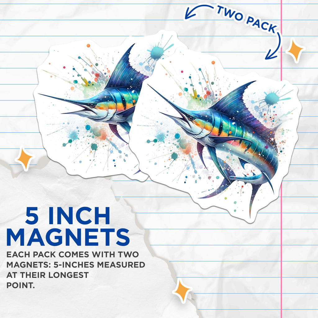 (2 Pack) Marlin Fish Magnets - Ocean Decor - Fishing Enthusiast Art - 5" On Longest Side - Premium Magnet - for Cars, Refrigerators, Toolboxes, Lockers - Made in USA - MAG14800