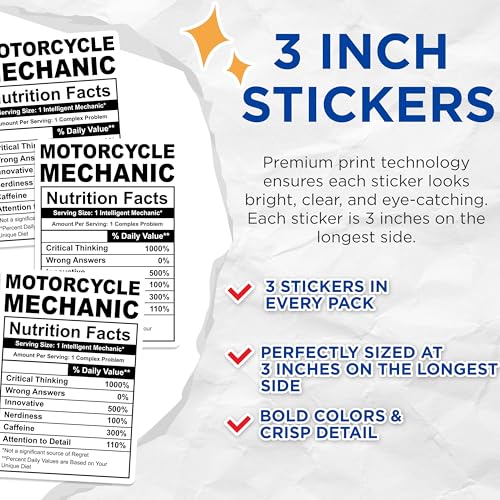 (3 Pack) Motorcycle Mechanic Decals - Funny Nutrition Facts - Laptop Decals - 3 Inches On Longest Side - Easy Peel & Apply - Made in USA - 3MCS2914