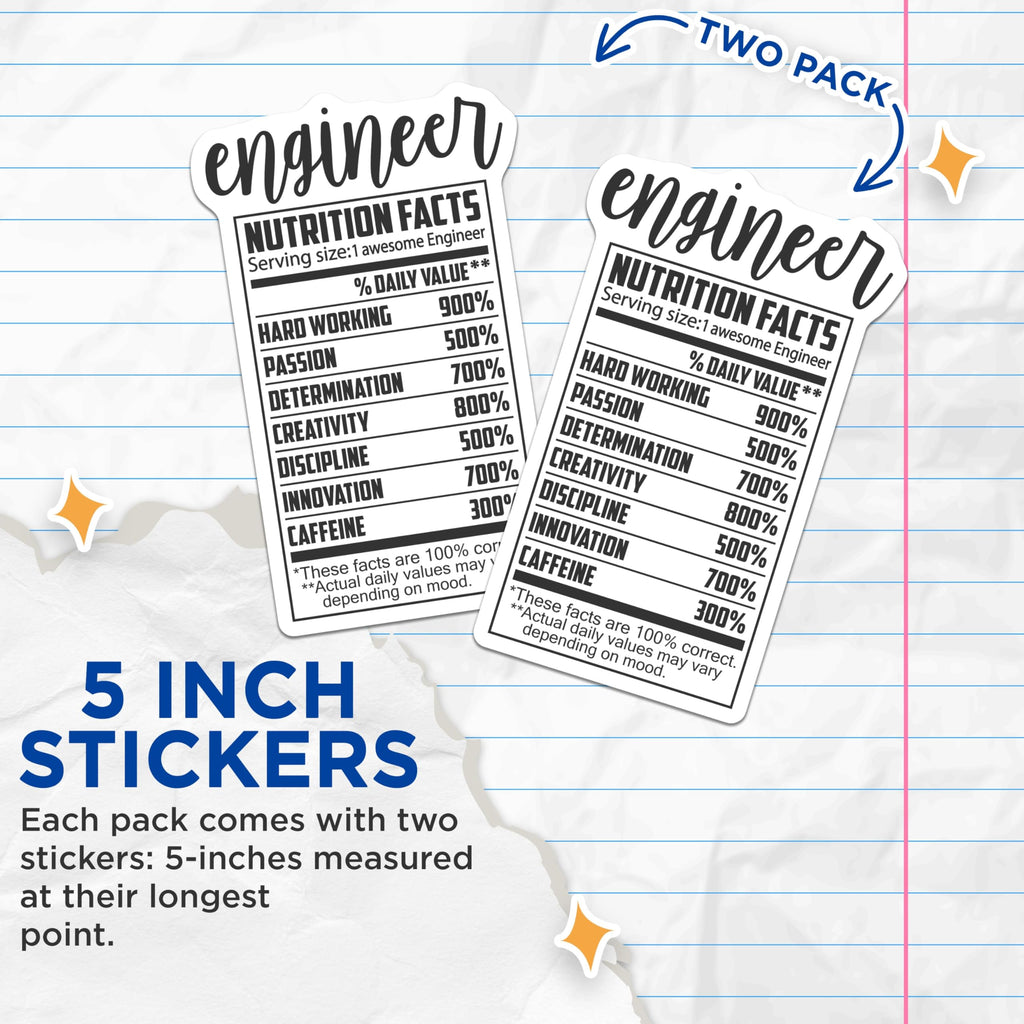 (2 Pack) Engineer Nutrition Facts Stickers - Funny Engineer - Engineering Student Decals- 5" On Longest Side - Sticks to Smooth Flat Surfaces - Made in USA - BMCS16107