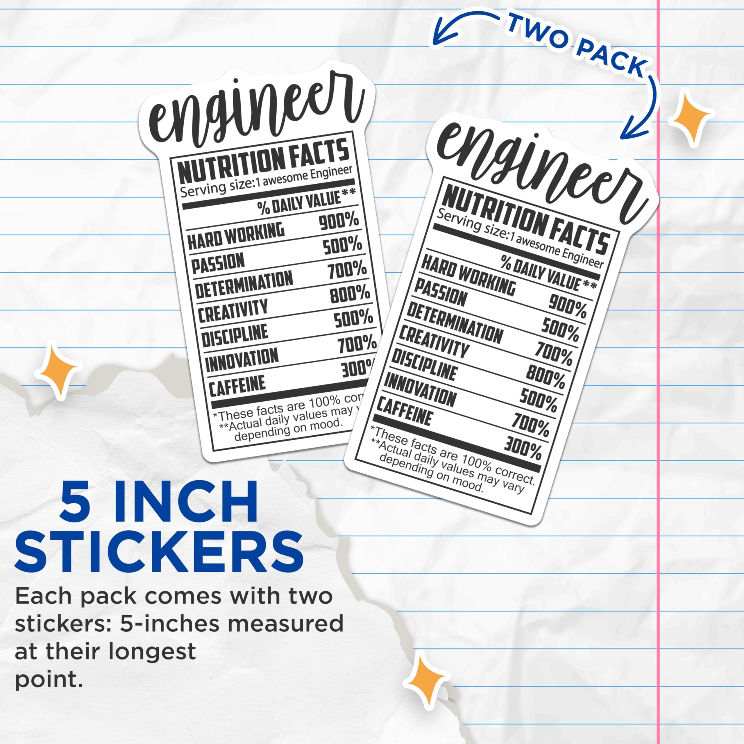 (2 Pack) Engineer Nutrition Facts Stickers - Funny Engineer - Engineering Student Decals- 5" On Longest Side - Sticks to Smooth Flat Surfaces - Made in USA - BMCS16107