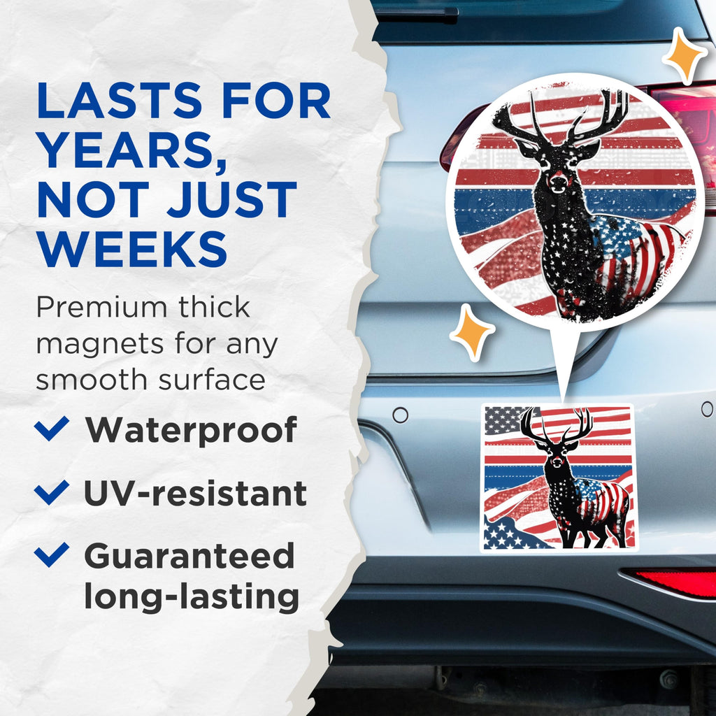(2 Pack) American Flag Deer Magnets - Patriotic Wildlife Decor - USA Buck Fridge Art - 5 Inches On Longest Side - Thick Durable Magnet - Made in USA - MAG19753