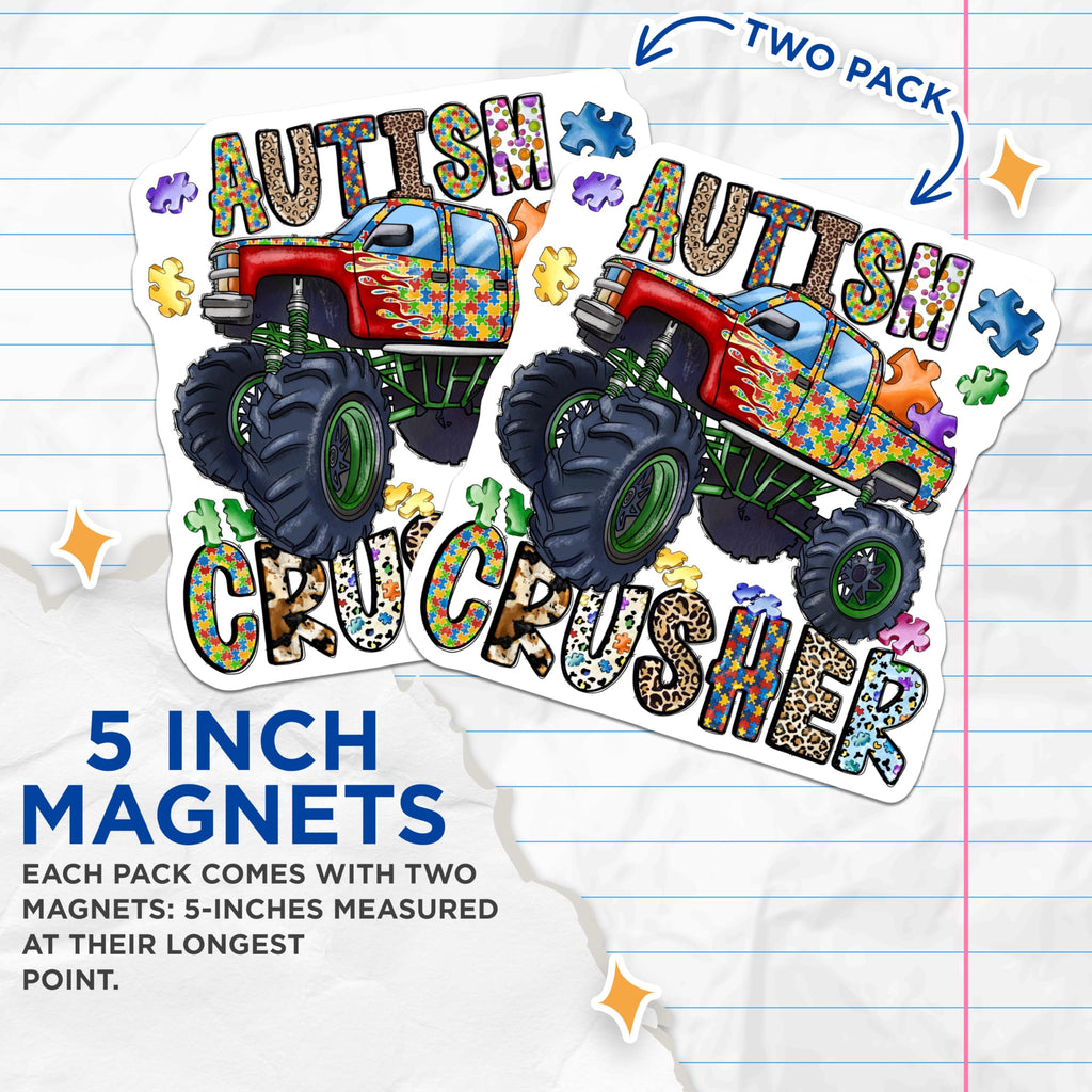 (2 Pack) Autism Awareness Magnets - Monster Truck Magnet - Neurodiversity Support Decor - 5 Inches On Longest Side - Thick Durable Magnet - Made in USA - MAG28027