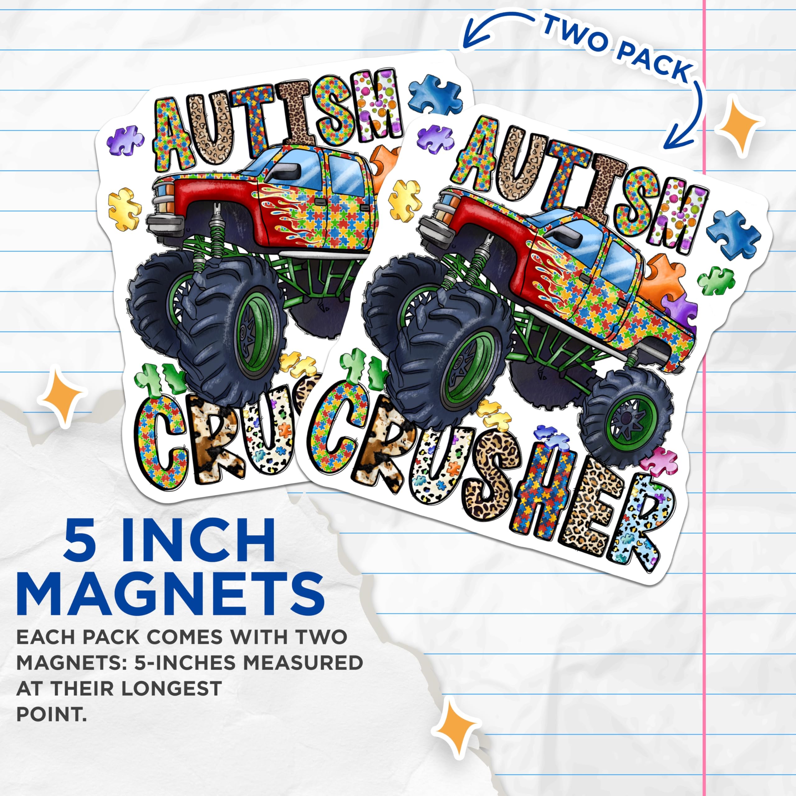 (2 Pack) Autism Awareness Magnets - Monster Truck Magnet - Neurodiversity Support Decor - 5 Inches On Longest Side - Thick Durable Magnet - Made in USA - MAG28027