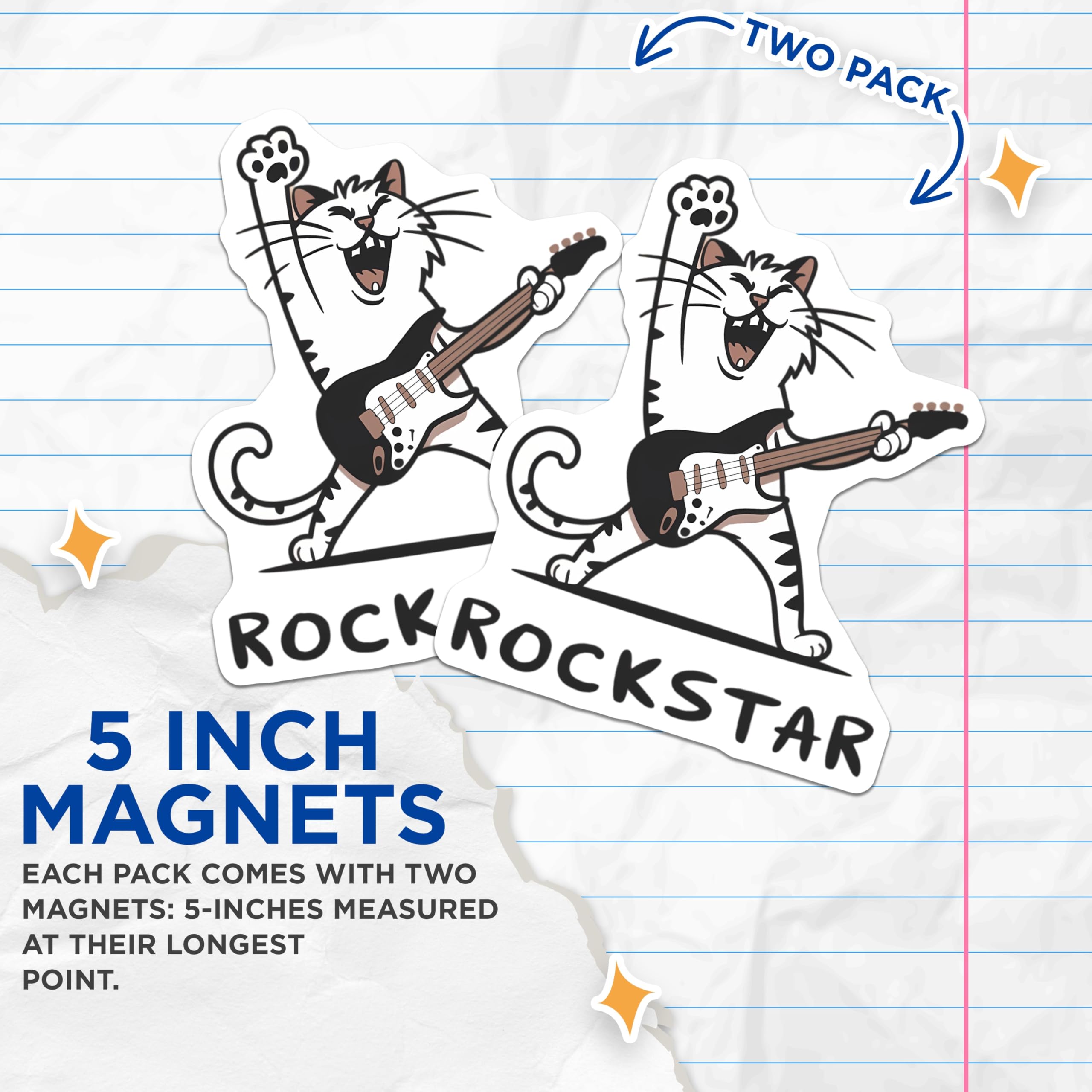 (2 Pack) Cat Rockstar Magnets - Funny Guitar Playing Cat Musician - Feline Rock and Roll Decor Accent - 5 Inches On Longest Side - Thick Durable Magnet - Made in USA - MAG23008