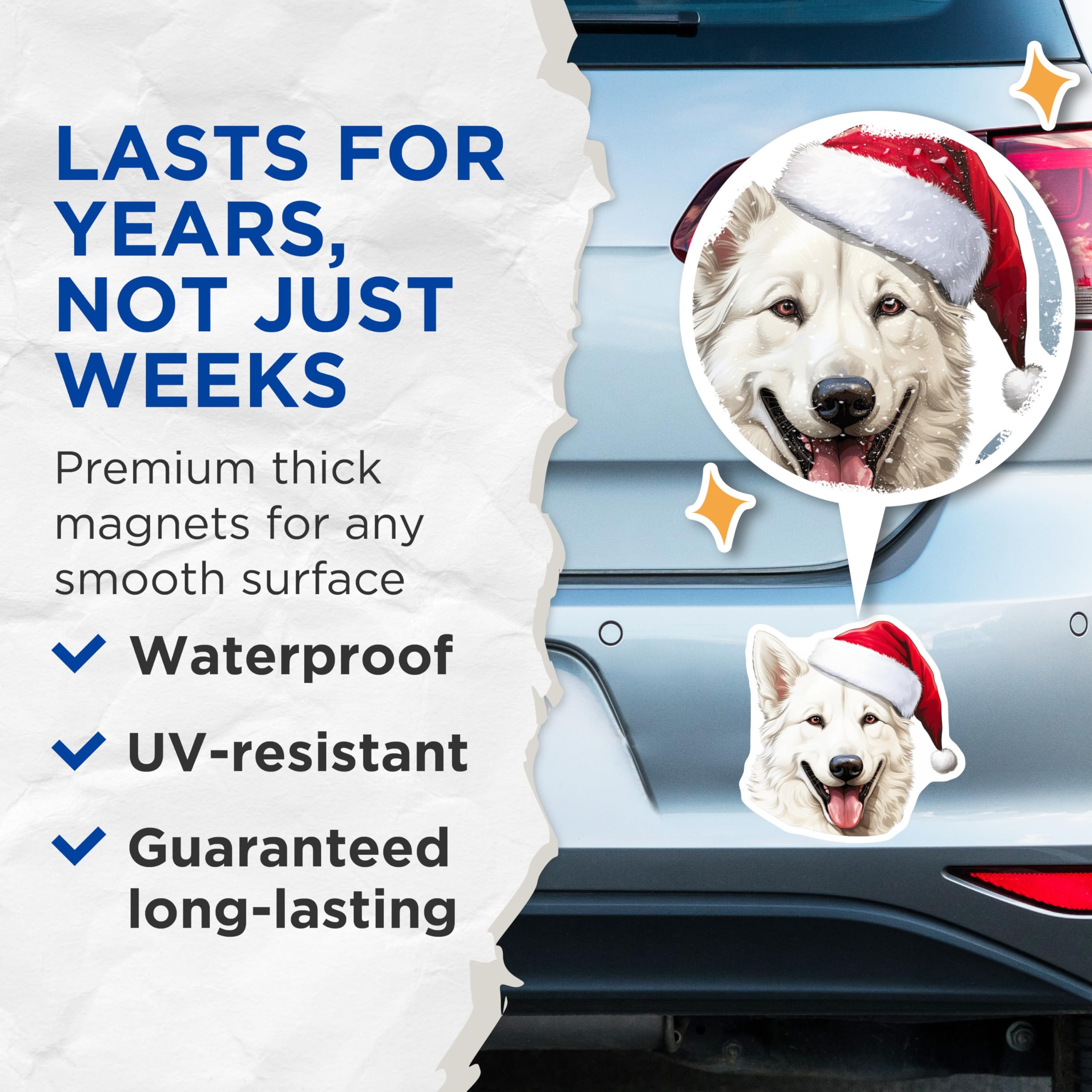 (2 Pack) Christmas Dog Magnets - Santa Hat Samoyed White Shepherd - Holiday Pet Decor - Winter Animal Accessories - 5 Inches On Longest Side - Thick Durable Magnet - Made in USA - MAG30349