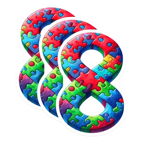 (3 Pack) Autism Awareness Decals - Puzzle Piece Number 8 - Symbol of Support- 3 Inches On Longest Side - Easy Peel & Apply - Made in USA - 3MCS5957
