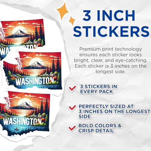 (3 Pack) Washington State Decals - Mountain Sunset - Pacific Northwest Decal - 3 Inches On Longest Side - Easy Peel & Apply - Made in USA - 3MCS4324