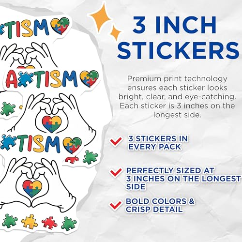 (3 Pack) Autism Awareness Decals - Puzzle Heart - Acceptance Decals - 3 Inches On Longest Side - Easy Peel & Apply - Made in USA - 3MCS8466