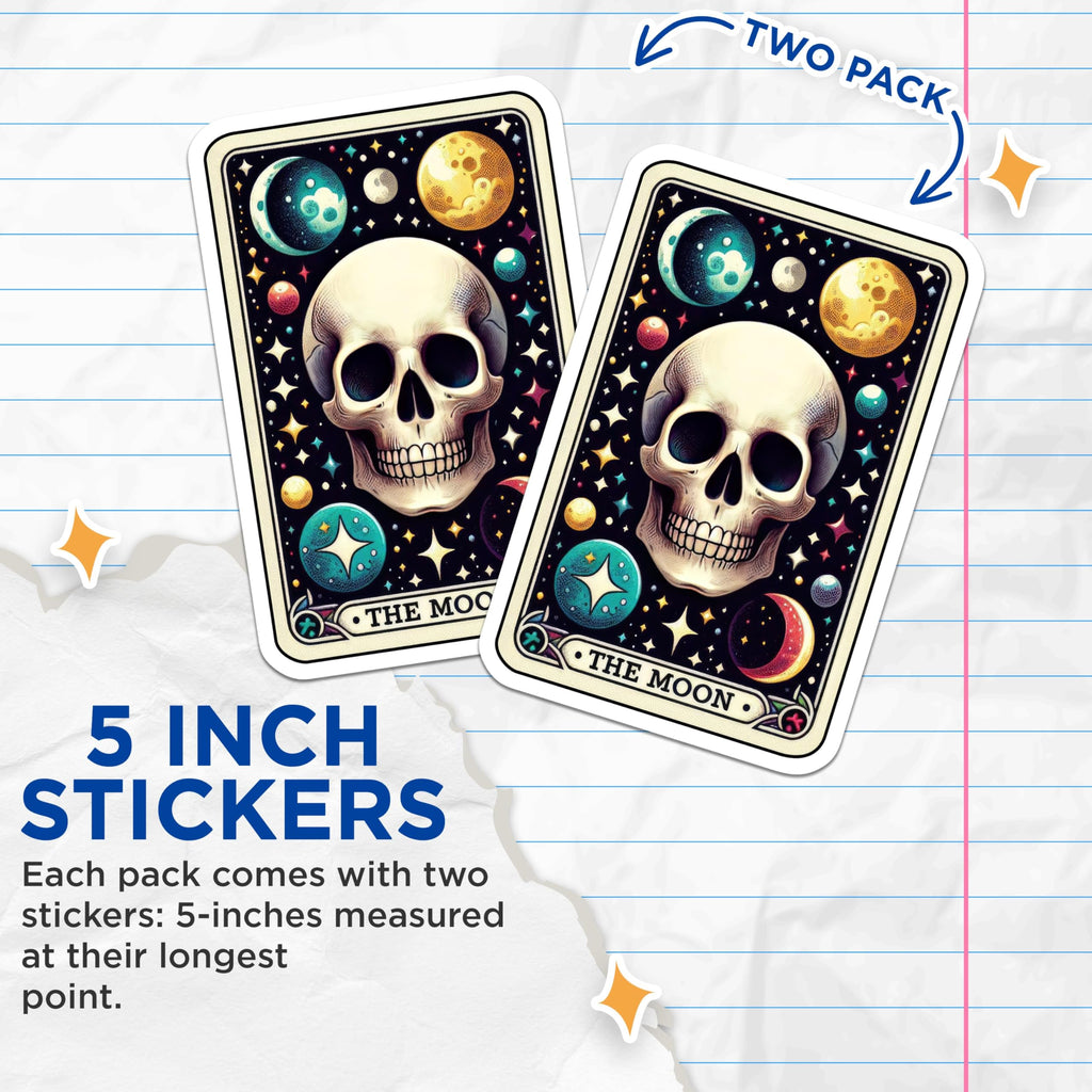 (2 Pack) Skull Moon Stickers - Gothic Skeleton Stickers - Tarot Card Stickers - Astrology Art Stickers - 5" On Longest Side - Sticks to Smooth Flat Surfaces - Made in USA - BMCS5460