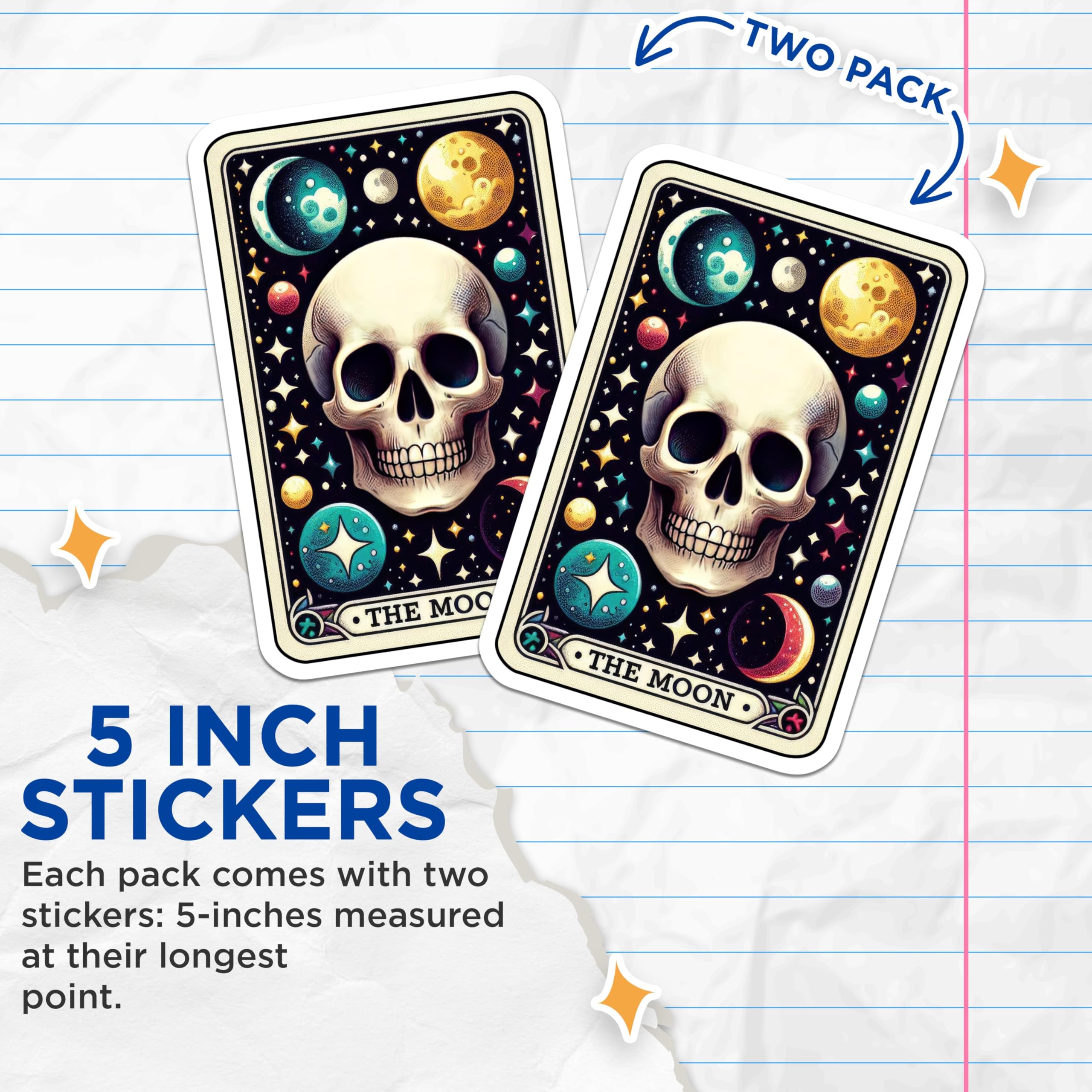 (2 Pack) Skull Moon Stickers - Gothic Skeleton Stickers - Tarot Card Stickers - Astrology Art Stickers - 5" On Longest Side - Sticks to Smooth Flat Surfaces - Made in USA - BMCS5460