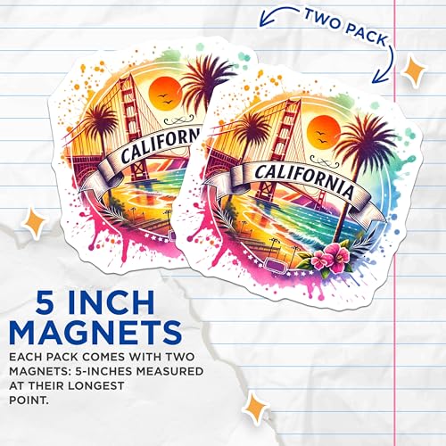 (2 Pack) California Magnets - Golden Gate Bridge - Beach Scene - Travel Souvenir Fridge Magnets - Colorful State Magnets - 5" On Longest Side - for Cars, Fridges, Toolboxes - Made in USA - MAG7024