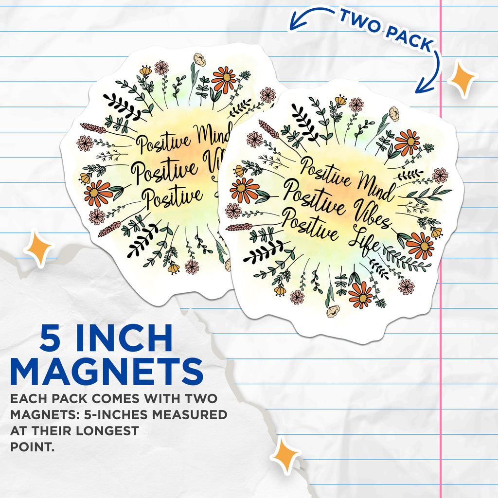 (2 Pack) Positive Mind Positive Vibes Positive Life Magnets - Boho Floral Inspirational Quote - Self Care Mindfulness Decor - 5 Inches On Longest Side - Thick Durable Magnet - Made in USA - MAG38806