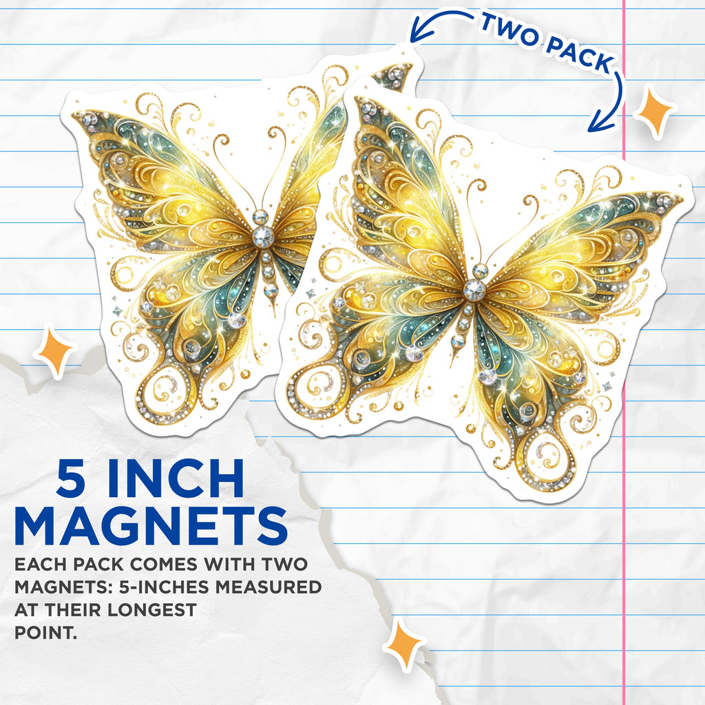 (2 Pack) Gold Butterfly Magnets - Jewel Winged Art - Whimsical Kitchen Accent - 5 Inches On Longest Side - Thick Durable Magnet - Made in USA - MAG37383