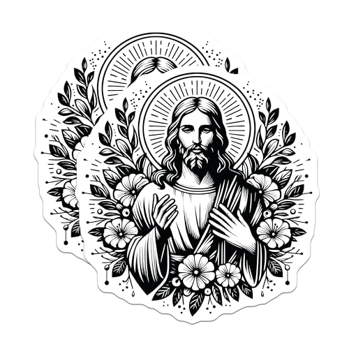 (2 Pack) Jesus Christ Sacred Art Stickers - Religious Car Decal - Inspirational Christian Laptop Sticker - 5" On Longest Side - Sticks to Smooth Flat Surfaces - Made in USA - BMCS7327