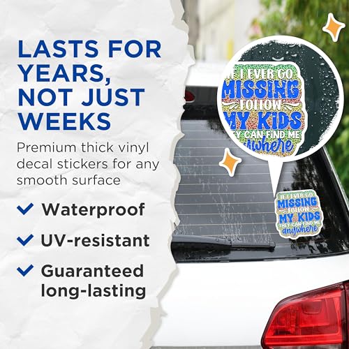(2 Pack) Funny Parenting Stickers - Missing Mom Kids Stickers - Humor Sticker for Parents - 5" On Longest Side - Sticks to Smooth Flat Surfaces - Made in USA - BMCS4101
