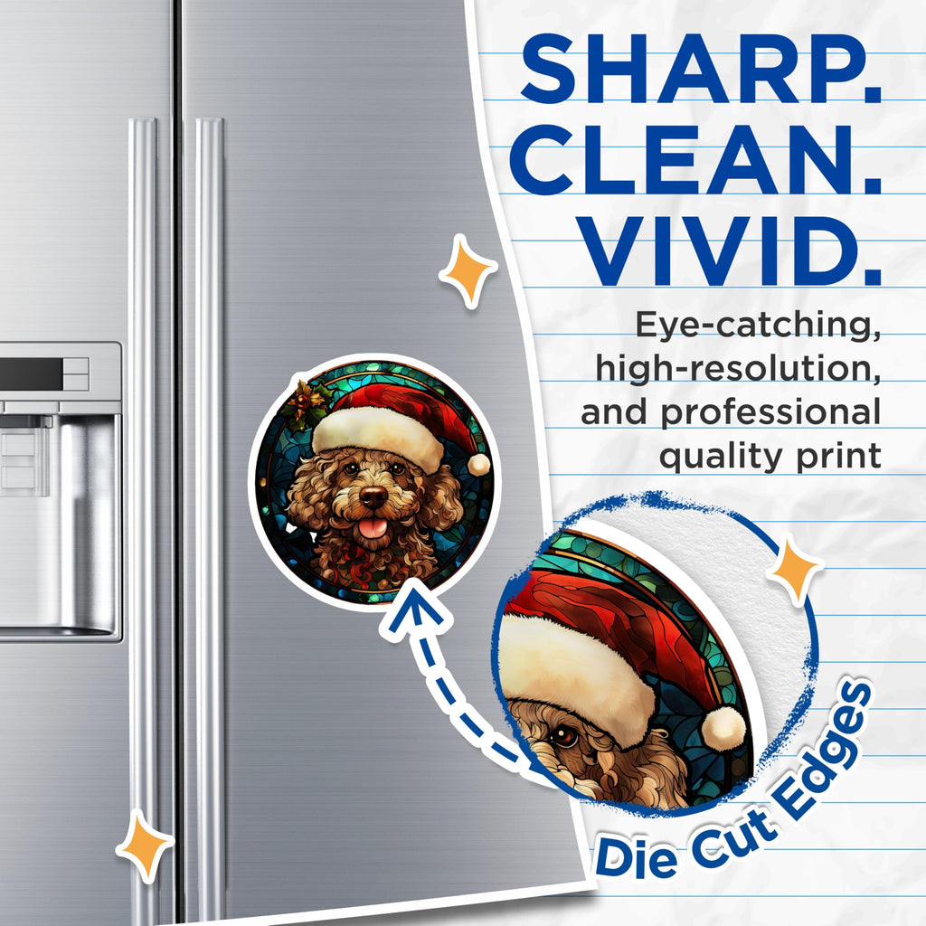(2 Pack) Christmas Doodle Dog Magnets - Stained Glass Pet Art - Festive Holiday Refrigerator Decor - 5 Inches On Longest Side - Thick Durable Magnet - Made in USA - MAG26573