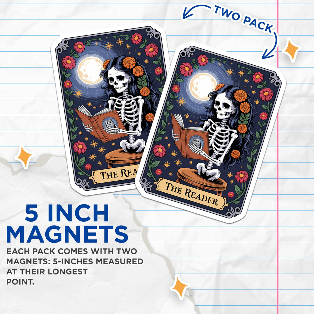 (2 Pack) Calavera Reader Magnets - Day of the Dead Bookworm Art - Floral Moon Decor - Witchy Tarot Style - 5 Inches On Longest Side - Thick Durable Magnet - Made in USA - MAG20418