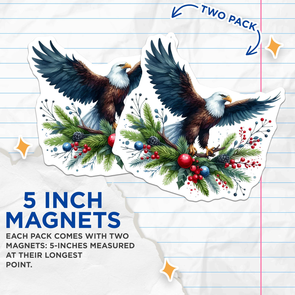 (2 Pack) Majestic Bald Eagle Winter Magnets - American Patriotic Holiday Decoration - Festive Evergreen Berries Bird Artwork - 5 Inches On Longest Side - Thick Durable Magnet - Made in USA - MAG20378