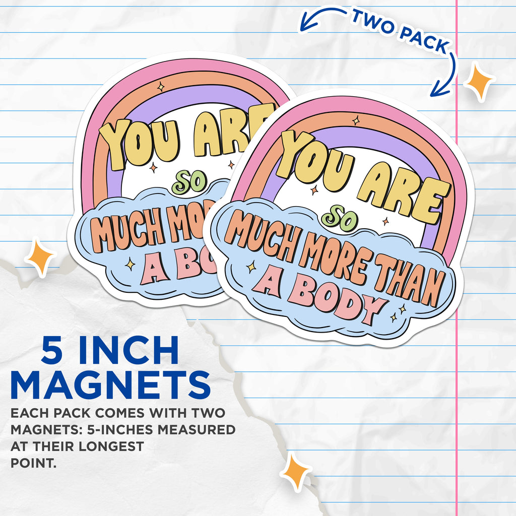 (2 Pack) Body Positivity Magnets - Self Love Affirmation - Empowering Quote - Mental Health Decor - Retro Rainbow - 5 Inches On Longest Side - Thick Durable Magnet - Made in USA - MAG38844