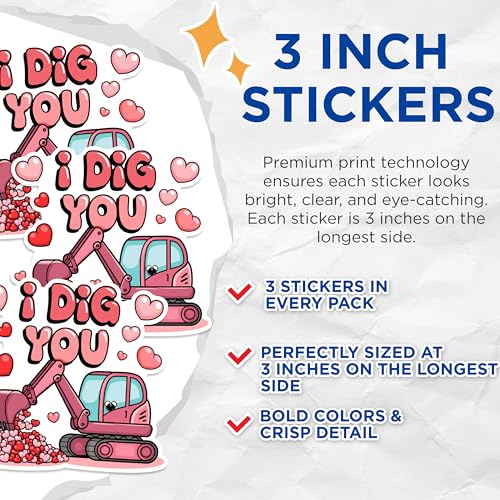 (3 Pack) I Dig You Decals - Excavator Valentines Day - Heart Construction Machine Decal - 3 Inches On Longest Side - Easy Peel & Apply - Made in USA - 3MCS1750
