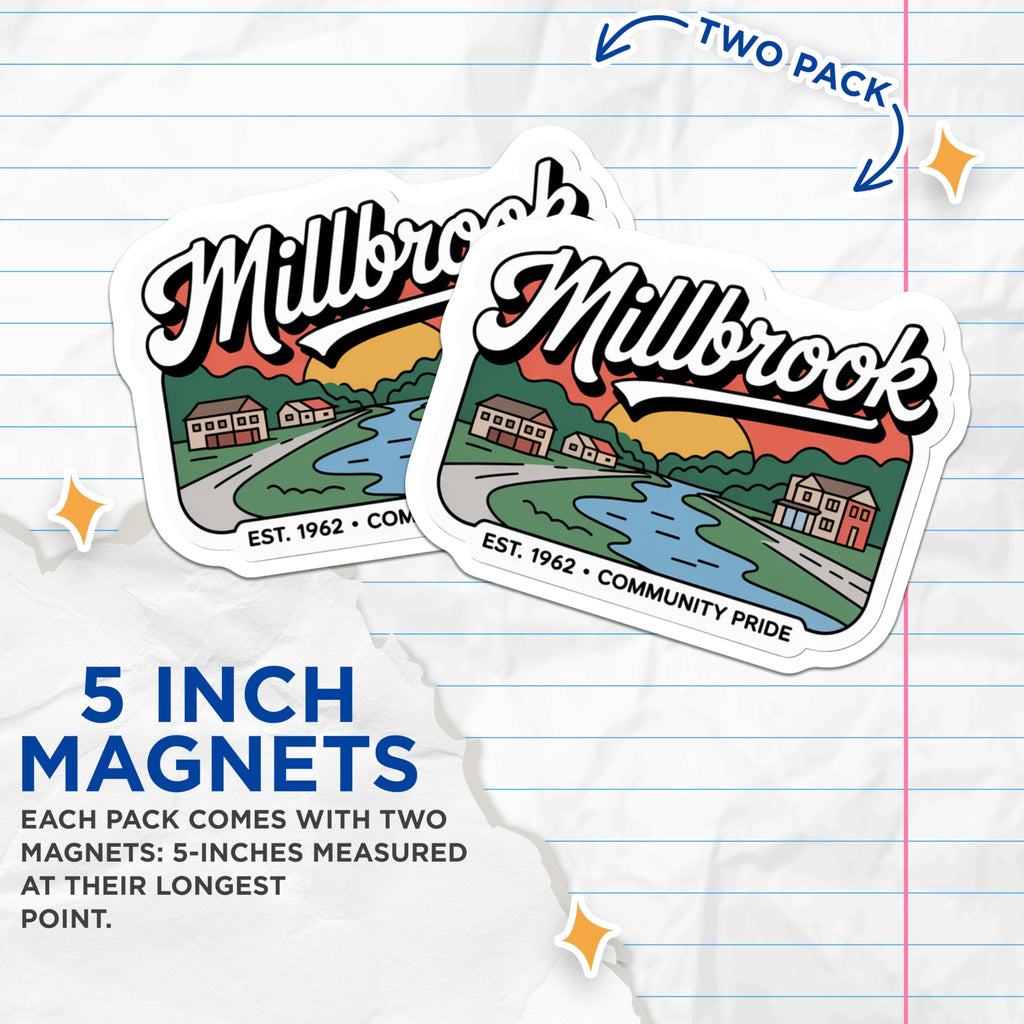 (2 Pack) Millbrook Magnets - Community Pride Souvenir - Est 1962 Town Decor - 5 Inches On Longest Side - Thick Durable Magnet - Made in USA - MAG19180