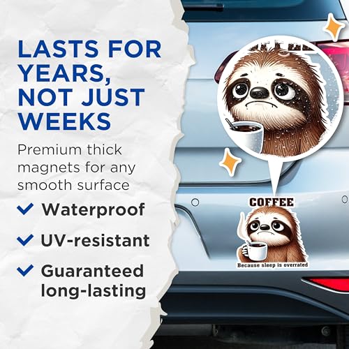(2 Pack) Sloth Coffee Magnets - Funny Sloth Magnets - Coffee Lover Kitchen Decor Magnets- 5" On Longest Side - for Fridges, Toolboxes, Cars - Made in USA - MAG2766
