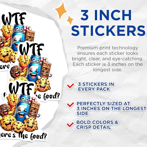 (3 Pack) Funny Food Decals - WTF Where's The Food - Laptop Stickers - 3 Inches On Longest Side - Easy Peel & Apply - Made in USA - 3MCS7554