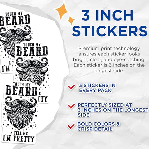 (3 Pack) Touch My Beard Decals - Funny Beard Quote - Laptop Decal - Pretty Man - 3 Inches On Longest Side - Easy Peel & Apply - Made in USA - 3MCS6223