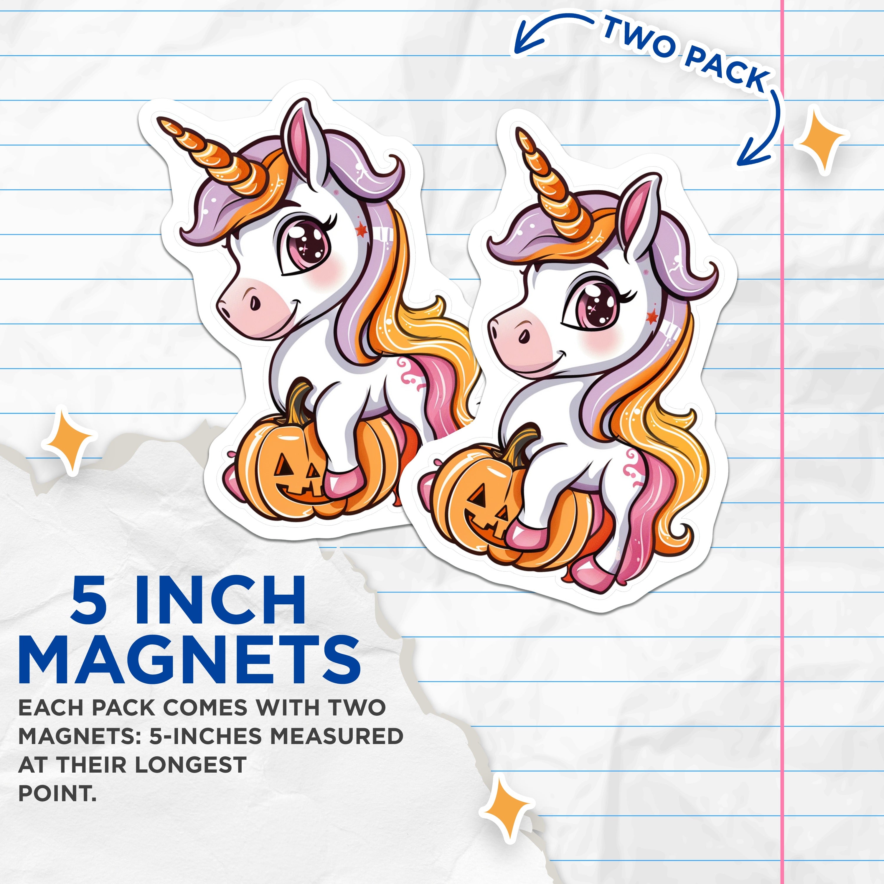 (2 Pack) Halloween Unicorn Magnets - Cute Spooky Pumpkin Decor - Fantasy Animal Fridge Lockers - 5 Inches On Longest Side - Thick Durable Magnet - Made in USA - MAG39531