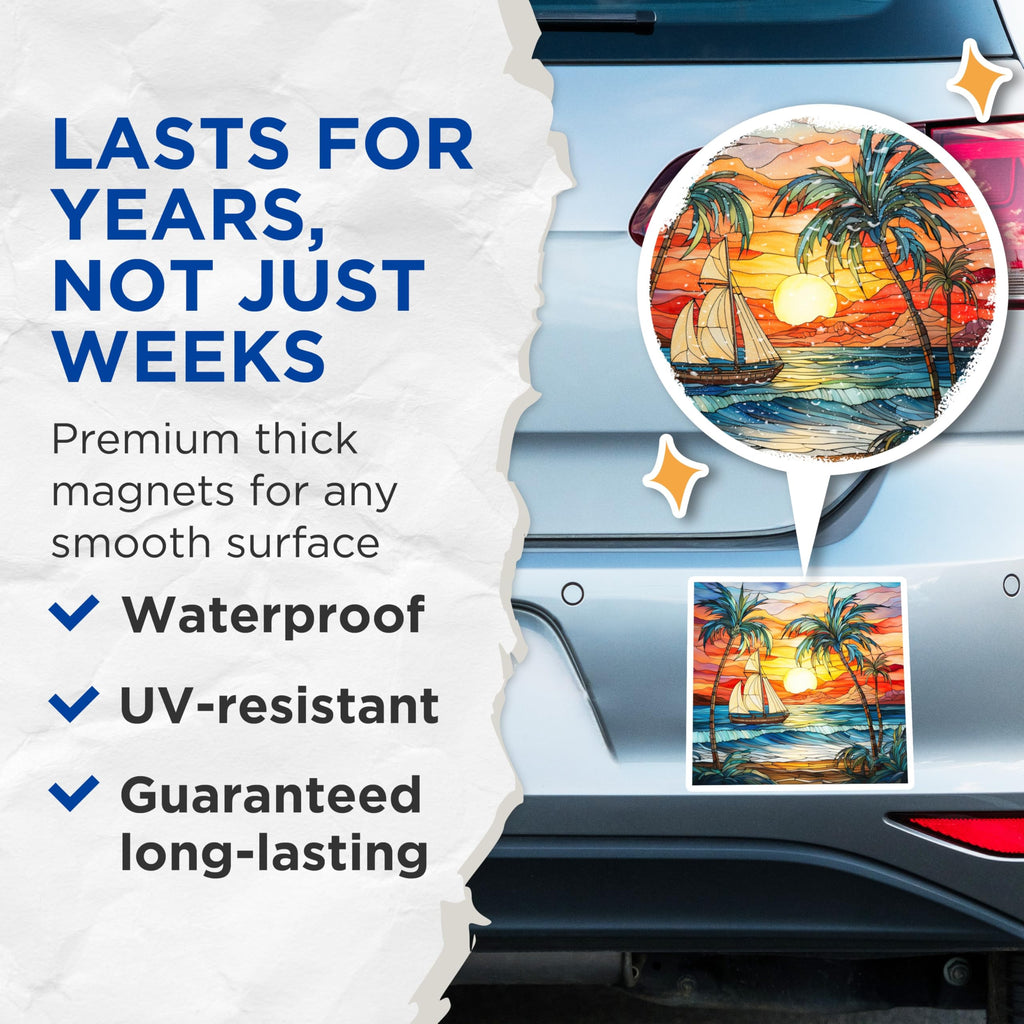 (2 Pack) Stained Glass Sunset Magnets - Tropical Beach Decor - Ocean Sailboat Art - Coastal Vibes - 5 Inches On Longest Side - Thick Durable Magnet - Made in USA - MAG25854