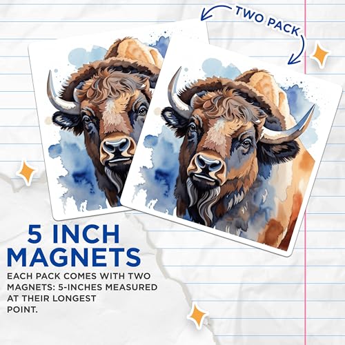 (2 Pack) Buffalo Art Magnets Magnets - Animal Illustration - Wildlife Decor - 5" On Longest Side - Made in USA - Sticks to Refrigerators & Metal Surfaces - MAG8681