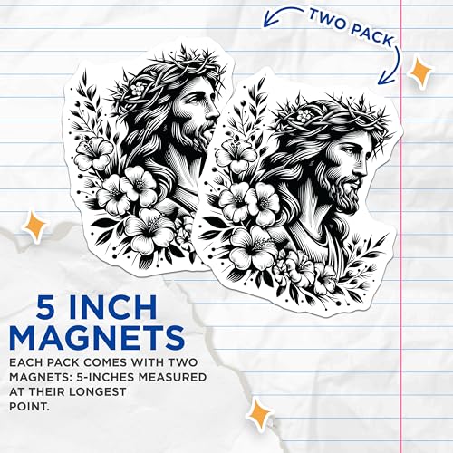 (2 Pack) Jesus Christ Magnets - Religious Icon - Floral Design - Inspirational Magnets for Home Decor - 5" On Longest Side - for Cars, Fridges, Toolboxes - Made in USA - MAG7329