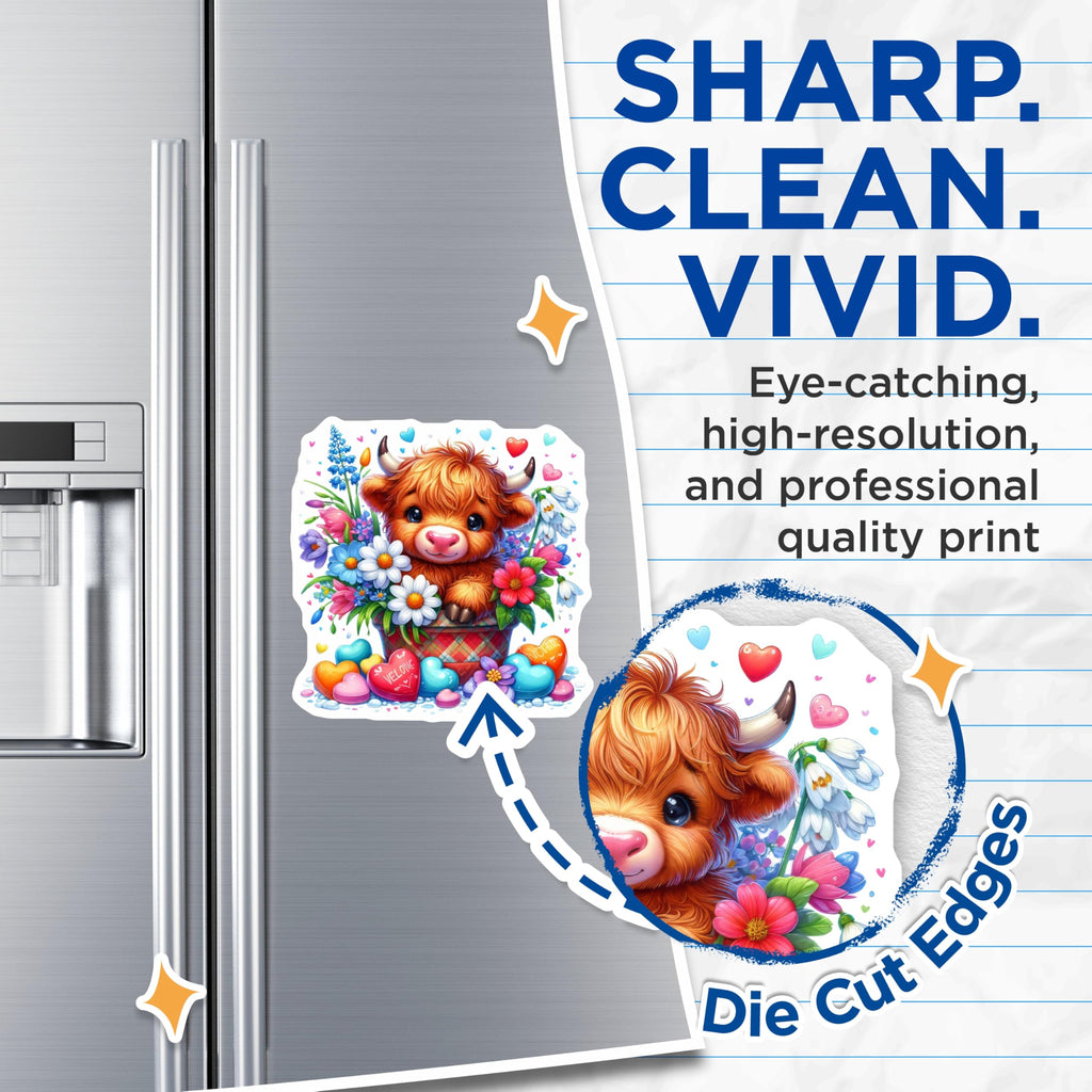 (2 Pack) Highland Cow Magnets - Floral Spring Decor - Cute Animal Magnets - 5" On Longest Side - Premium Magnet - for Cars, Refrigerators, Toolboxes, Lockers - Made in USA - MAG15941