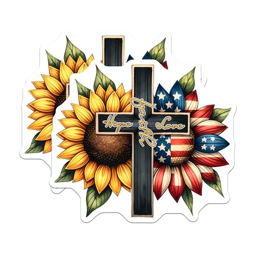 (2 Pack) Faith Hope Love Stickers - Sunflower Cross - Patriotic Floral Decor - 5" On Longest Side - Sticks to Smooth Flat Surfaces - Made in USA - BMCS7990