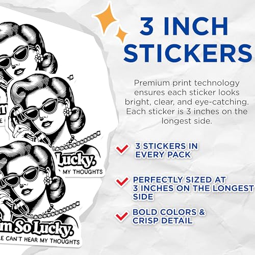 (3 Pack) I'm So Lucky Decals - Retro Lady - Funny Quote Decals - 3 Inches On Longest Side - Easy Peel & Apply - Made in USA - 3MCS4480